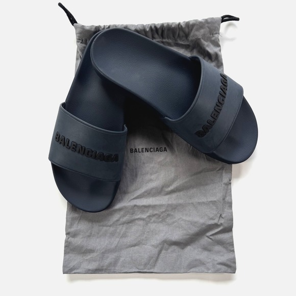 BALENCIAGA‎ Pool Slide Sandal Blue Rubber Black 3D Logo Mens US 8 With Shoe Bag